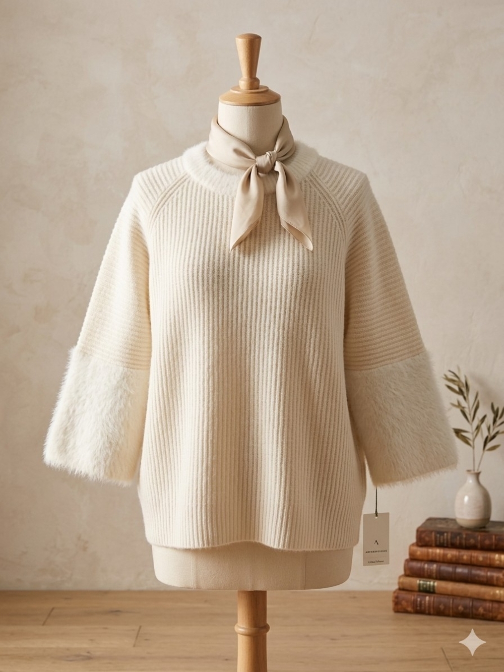 Cream Ribbed Crewneck Sweater with Faux-Fur Trimmed Sleeves